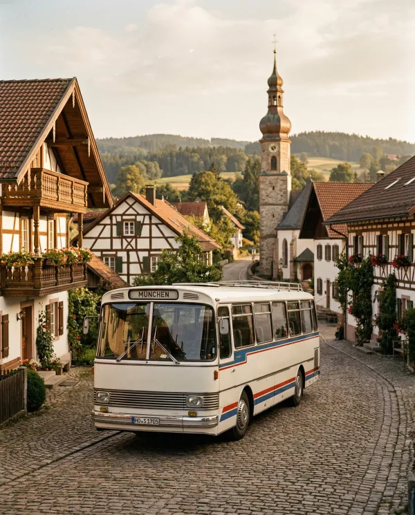 Historischer Reisebus der 1970er Jahre in einem bayerischen Dorf
